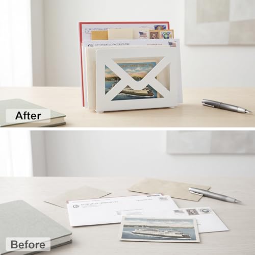 MyGift White Metal Desktop Mail Holder with Cutout Envelope Design Home and Office Desk Letter Organizer - color: White