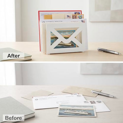 MyGift White Metal Desktop Mail Holder with Cutout Envelope Design Home and Office Desk Letter Organizer - color: White