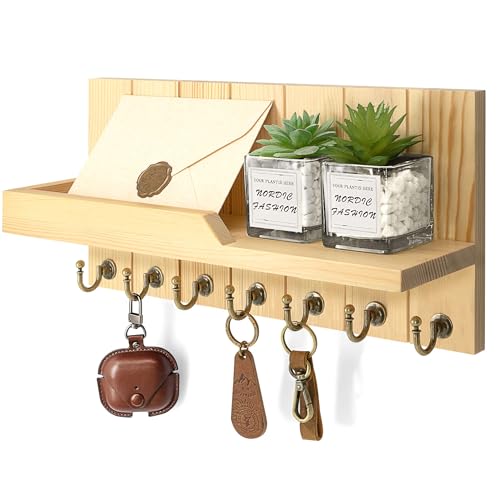 Rebee Vision Key Holder Wall Mount with Shelf for Entryway, Original Wood | Pine Wood, Farmhouse Key Holder for Wall, Floating Shelf for Plants, Key Hanger for Apartment Essential, Room Decor Accent - color: Original Wood, size: 15 inches