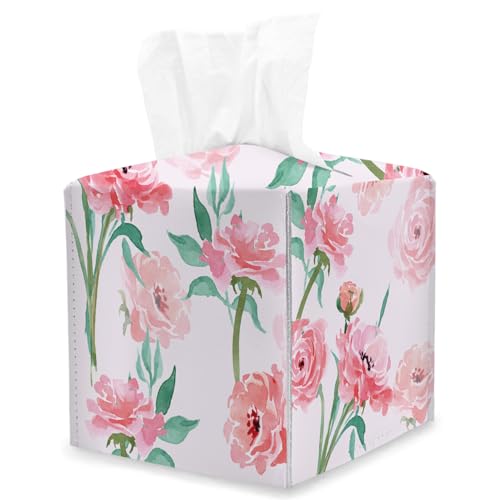 Pink Floral Tissue Box Cover Square, Watercolor Flowers Cube Tissue Box Holder, Tabletop Decor Leather Facial Paper Organizer Dispenser for Bathroom Home Car Night Stand Living Room/25 - color: Pink Floral