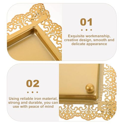 Ipetboom Rectangular Iron Serving Tray Decorative Food Plate with Hollow Lace Edge Gold Finish Multi-functional Fruit and Snack Display Dish for Home Entertaining