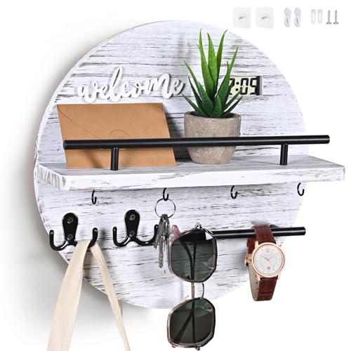 Key Holder for Wall, Round Wooden Rustic Key and Mail Organizer for Wall - Key Holder Wall Mount for Entryway, Mudroom, Hallway, Kitchen, Office - Home Decor (Pale White) - color: pale white