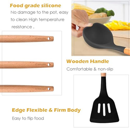 Kitchen Utensils. Set of 3, Silicone Cooking Utensils Set, Turner/Spatula, Spoons with Wooden Handle, Heat Resistant, Nonstick Cookware, Dishwasher Safe, Black