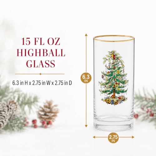 Spode Christmas Tree 15oz Highball Glasses, Set of 4 - Gold-Rimmed Elegant Holiday-Themed Glassware, Festive Holiday Drinkware for Christmas Parties, New Year’s Toasts & Festive Occasions | Ideal for serving cocktails & sparkling water, 22k gold-trimmed r