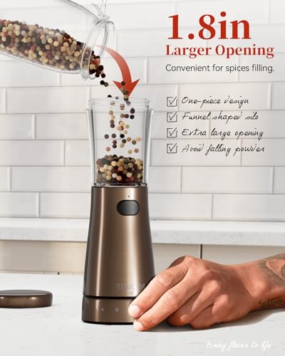Electric Salt and Pepper Grinder Set with Storage Base, Stainless Steel Rechargeable Salt and Pepper Grinder Set with 4.5 oz Large Capacity, 1.8" Wide Mouth, Adjustable Coarseness, Ideal for Kitchen - color: Bronze