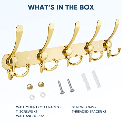 TICONN Wall Mounted Coat Rack, Five Heavy Duty Tri Hooks All Metal Construction for Jacket Coat Hat in Mudroom Entryway (Gold, 1-Pack) - color: Gold
