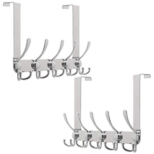 SKOLOO Over The Door Hook - for Doors up to 1-3/4'' Thickness, Pack of 2, Metal Door Hanger with 5 Triple Hooks, Over The Door Hanger for Coats, Hats,Towels, Silver, Assembly Required - color: Silver, size: 2 Pack