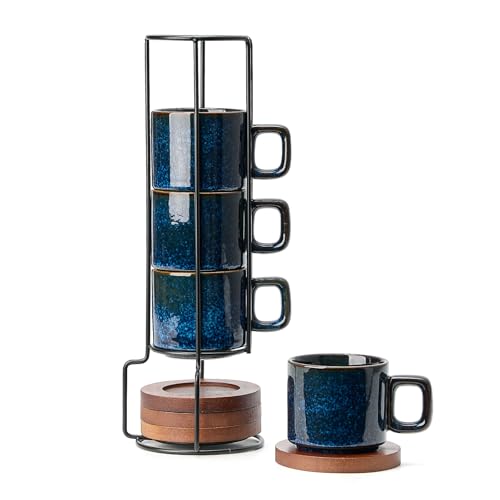 LUKA Porcelain Stackable Espresso Cups with Saucers and Metal Stand, 4 Ounce Small Ceramic Demitasse Cups Set for Latte, Specialty Coffee Drinks, Cafe Mocha,Tea - Set of 4, Reactive Blue - color: Reactive Blue