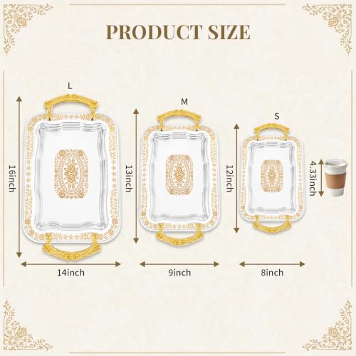 3 Pcs Silver Serving Trays with Handles | Metal Decorative Floral Rectangle Tray Set for Coffee Tea Dessert, Silver & Gold Platter for Buffet Wedding Home Decor