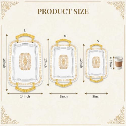 3 Pcs Silver Serving Trays with Handles | Metal Decorative Floral Rectangle Tray Set for Coffee Tea Dessert, Silver & Gold Platter for Buffet Wedding Home Decor