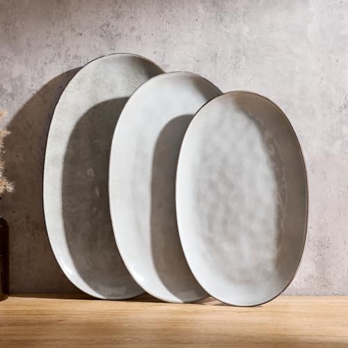 famiware Serving Platters Set of 3 Sizes - Oval, Grey | 15.59"/14.3"/12.9" Fine Stoneware Serving Trays for Party, Entertaining for Food, Turkey, Cheese, Microwave Dishwasher Safe - color: Gray