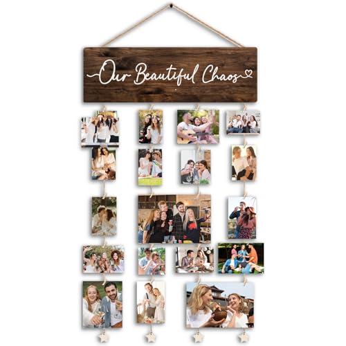 Picture Frames Collage Photo Hanging Display Picture Board Wood Rustic Frames, Our Beautiful Chaos Collage Picture Frame,Vintage Wood Hanging Photo Display Wall Decor,Multi Picture Frames for Family Wall Art & Living Room Decoration - color: Our Beautiful