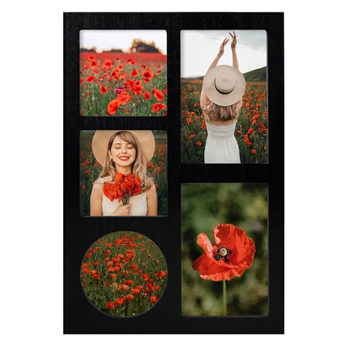 YESKAY 4x6 and 4x4 Collage Picture Frame, Display 5 Openings Photo Frames, Rustic Black Wood Frame with Real Glass, Family Picture Frames Wall Decor, 1 Pack - color: Rustic Black, size: 4x6&4x4 - 5 Opening(OD:9X13in)