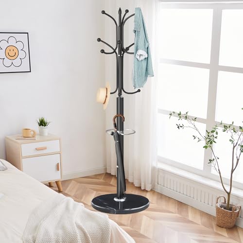 ZOZOE Metal Coat Rack Stand, Modern Coat Rack Freestanding with Natural Marble Base, Sturdy Coat Racks with 12 Hooks & Umbrella Holder,Black Coat Tree Hanger Stand for Bags,Hats,Entryway,Office - color: Black 12 Hooks