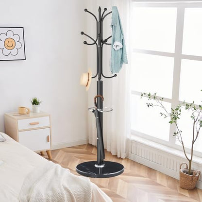 ZOZOE Metal Coat Rack Stand, Modern Coat Rack Freestanding with Natural Marble Base, Sturdy Coat Racks with 12 Hooks & Umbrella Holder,Black Coat Tree Hanger Stand for Bags,Hats,Entryway,Office - color: Black 12 Hooks