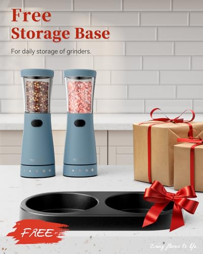 Electric Salt and Pepper Grinder Set with Storage Base, Stainless Steel Rechargeable Salt and Pepper Grinder Set with 4.5 oz Large Capacity, 1.8" Wide Mouth, Adjustable Coarseness, Ideal for Kitchen - color: Blue