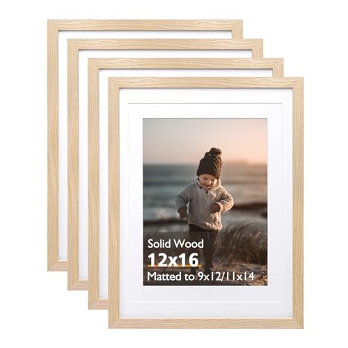 12x16 Picture Frame Natural, Solid Wood Frames with Acrylic Plexiglass for Pictures 11x14/9x12 with Mat or 12x16 without Mat,Wall Display Photo Frame Set of 4 - color: Natural, size: 12x16
