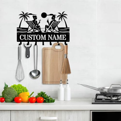 NIWAHO Personalized Key Holder for Couples – Metal Key Hanger Wall Mount with Custom Name – Entryway Home Organizer Rack – Gift for Wedding, Anniversary, Housewarming - color: Couple Beach