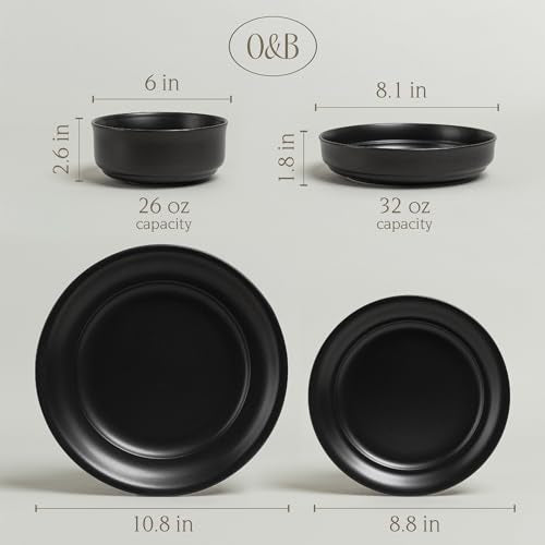 over&back Rim Dinnerware Set - Stoneware Dishes - Comes with 4 Dinner Plates, Salad Plates, Cereal Bowls, and Dinner Bowls - 16-Piece All-Occasion Place Settings - Serves Four - Semi-Matte Black - color: Black, size: Dinner Set | 16 Pieces
