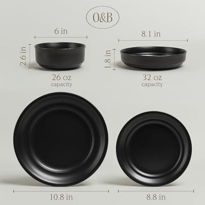 over&back Rim Dinnerware Set - Stoneware Dishes - Comes with 4 Dinner Plates, Salad Plates, Cereal Bowls, and Dinner Bowls - 16-Piece All-Occasion Place Settings - Serves Four - Semi-Matte Black - color: Black, size: Dinner Set | 16 Pieces
