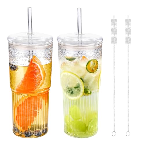 22oz Glass Tumblers with Glass Lids and Straws - Stylish Vintage Ribbed Design for Iced Coffee, Juice, Smoothies, Milkshakes, Cold Beverages & Whiskey Cocktail Beer (2pack-22OZ-Glass lid) - color: 2 Pack - 22OZ Glass Lid