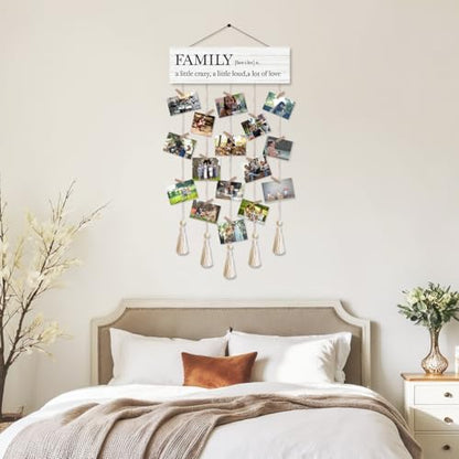 Family a Little Crazy Photo Hanging Display Board with 16 Clips, Rustic Wood Picture Collage Frame with Tassels Farmhouse Wall Decor - color: Family A Little Crazy