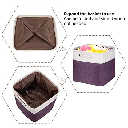 13 Inch Cube Storage Bins Purple - 3-Pack Purple Storage Cubes with Handles, 13x13x13 Fabric Storage Bins, Foldable Dark Purple Storage Baskets for Shelves, Cloth Organizer Cube Bins