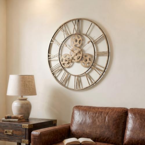 Cuspin 24 Inch Gold Wall Clock with Gears, Modern Industrial Metal Clock | Roman Numeral, silent non ticking, battery operated, antique gold finish, decorative gear design, living room decor - color: Antique Gold Gear Roman, size: 24 Inch