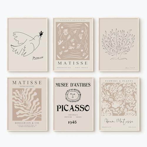 Baccone Matisse Aesthetic Wall Art Prints Set of 6 Boho Neutral Wall Decor Beige Abstract Picasso Canvas Wall Art Aesthetic Beige Pictures Picasso Matisse Poster for Bedroom 12x16 Inch Unframed - color: Beige Matisse Prints, size: 16"L x 12"W, style: Unfr