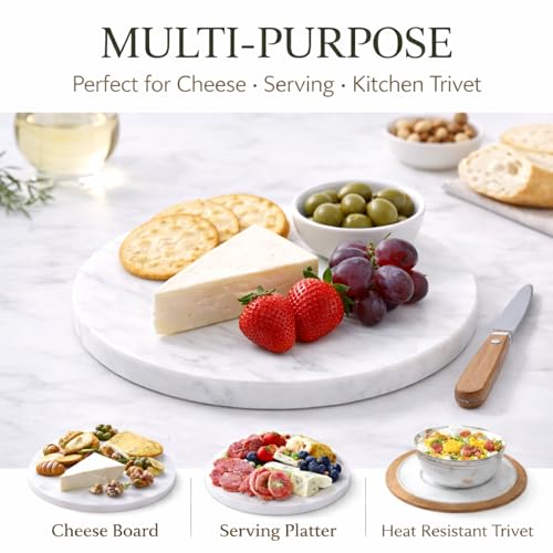 8-Inch Round Marble Cheese Board with Non-Slip Feet | Natural Marble Construction, Unique Veining, 8-Inch Size, 0.5 Inch Thick, Non-Slip Feet, Scratch Protection - color: White, size: 8"L x 8"W