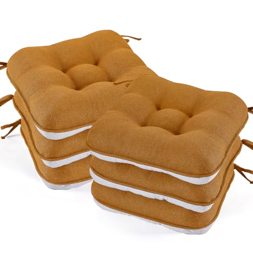 BETU Chair Cushions for Dining Chairs Set of 6,3.5" Thick Kitchen Table Chair Pads with Ties,Non Slip Backing and Covers, Seat Cushion for Dining Room,Bar,Patio Chairs,15.5"X15.5"X3.5",Caramel - color: Chestnut, size: 15.5"x15.5"x3.5" (6 Pack)