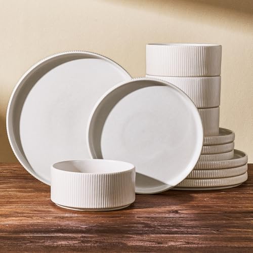 Stoneware Dinnerware Set for 4, Matte White Reactive Glaze | 12 pcs Ceramic Plates and Bowls, Handmade Ribbed Dishes, Everyday Use, Microwave & Dishwasher Safe, Chip & Scratch Resistant - color: Matte White, size: Service for 4 (12pc)