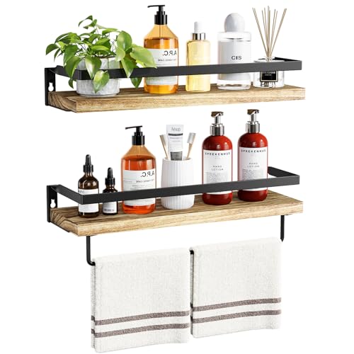 AMADA HOMEFURNISHING Bathroom Shelves with Towel Bar, Floating Shelves, Wall Shelves for Bathroom/Living Room/Kitchen/Bedroom, Light Brown, Set of 2 - AMFS01 - color: Light Brown