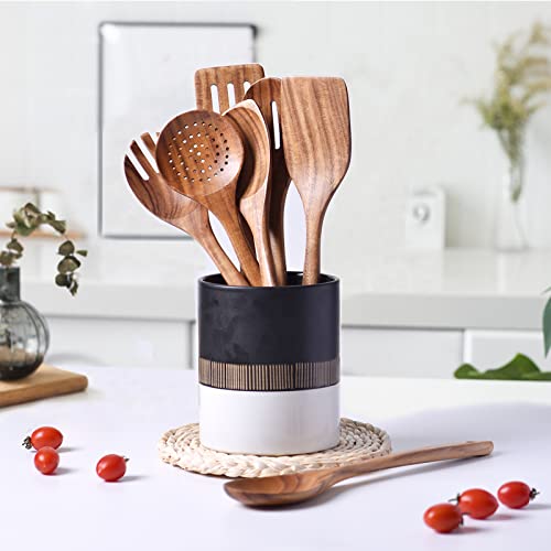 Gudamaye 13 inch Long Wooden Utensils for Cooking, Long Handle Wooden Spoons for Cooking, 7 PCES Crafting Wooden Spoon Set, Wooden Kitchen Utensil set, Natural Teak Wooden utensil Set - size: 7 PCS Long Handle
