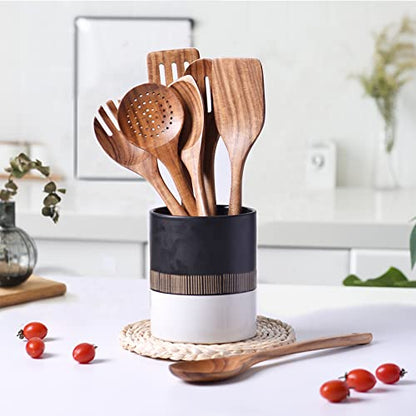 Gudamaye 13 inch Long Wooden Utensils for Cooking, Long Handle Wooden Spoons for Cooking, 7 PCES Crafting Wooden Spoon Set, Wooden Kitchen Utensil set, Natural Teak Wooden utensil Set - size: 7 PCS Long Handle