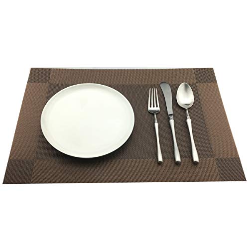 Vinyl Brown Placemats Heat Resistant Dining Table Mats Non-Slip Washable Place Mats Set of 6 （Brown） - color: Brown