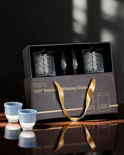 CEEFU 360° Spinning Whiskey Glasses Set with Gift Box, Set of 2 | Old Fashioned with Rotating Base - 2 Big Ice Ball Molds - Bourbon, Cocktail, Rocks, Bday Gifts Ideas for Men, Gem Pattern - size: 9.5 oz-Gemstone Pattern