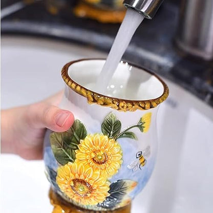 Ceramic Sunflower Bathroom Accessories Set, 4 Piece Bathroom Ensemble Set with Toothbrush Holder, Toothbrush Cup, Soap Dispenser, Soap Dish - color: Yellow
