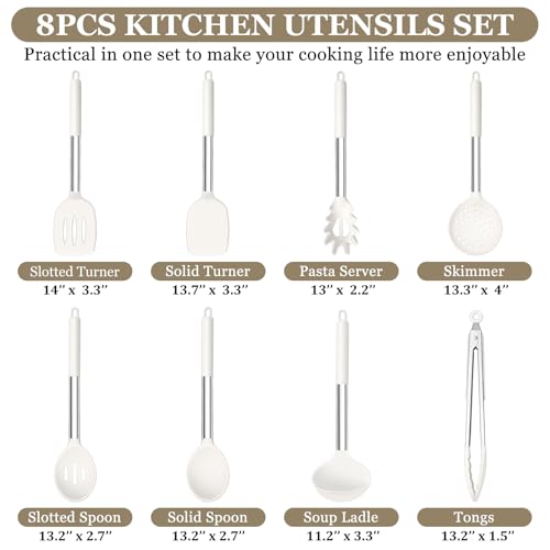 TeamFar Kitchen Utensils Set of 8, Silicone Utensils Kitchen Tools-White | Stainless Steel Handle, for Nonstick Cookware Cooking Stirring Turning, Food Grade & Heat Resistant, Dishwasher Safe - White - color: White