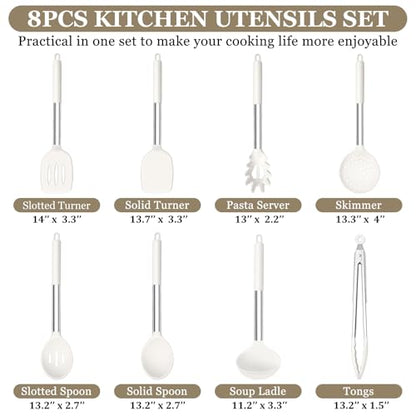 TeamFar Kitchen Utensils Set of 8, Silicone Utensils Kitchen Tools-White | Stainless Steel Handle, for Nonstick Cookware Cooking Stirring Turning, Food Grade & Heat Resistant, Dishwasher Safe - White - color: White