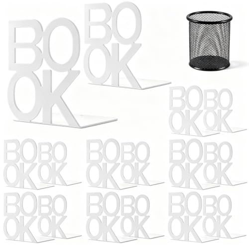 Book Ends White 8 Pair Metal BookEnds for Bookrack Desk,Books | Non-Skid Metal Book End Stopper for Books/CDs/DVDs - color: White, size: 8 pair
