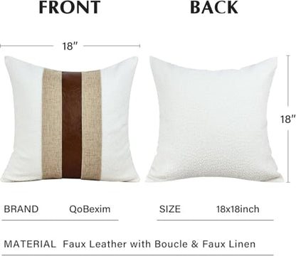 Boucle Pillow Covers with Faux Leather Accents 18"x18" Set of 2, White and Khaki Decorative Pillow Covers with Faux Linen Patchwork Modern Farmhouse Cushion Covers for Couch Sofa Bed Home | Set of 2 Modern Brown Faux Leather Pillow Covers, Boho Farmhouse