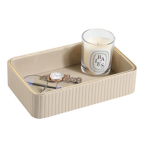 Desk Organizer Tray, PU Leather Nightstand Organizer, Beige, Small | Decorative Valet Tray for Men Women, Perfume Vanity Trays, Trinket Dish, Key Bowl for Entryway Bedside Table - color: Beige, Small