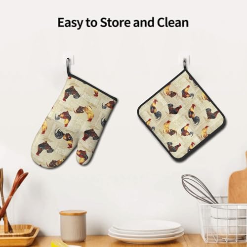 Rustic Rooster Oven Mitts and Pot Holder Set of 2 Farm Animal Print Heat Resistant Gloves Hot Pads for Kitchen Grilling Baking Cooking BBQ - color: Rustic Rooster