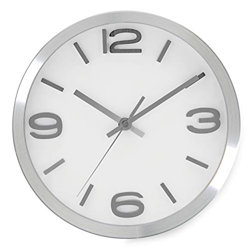Bernhard Products Modern Wall Clock 10 Inch Silver Silent Non Ticking Battery Operated Round Elegant Metal Quality Quartz for Kitchen Home Office Clock with 3D Numbers, Easy to Read - color: Silver & Afternoon White
