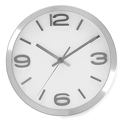 Bernhard Products Modern Wall Clock 10 Inch Silver Silent Non Ticking Battery Operated Round Elegant Metal Quality Quartz for Kitchen Home Office Clock with 3D Numbers, Easy to Read - color: Silver & Afternoon White