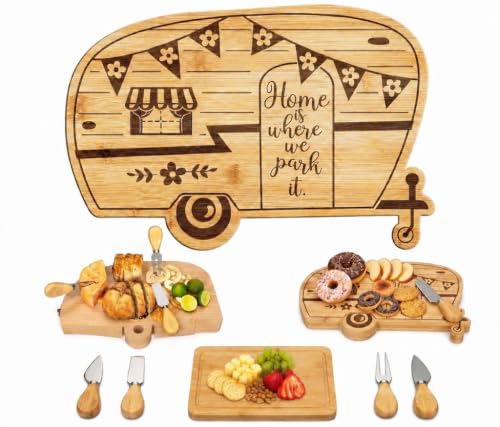 Foldable RV Charcuterie Board Set - Bamboo Cutting Board & Serving Tray | House Warming Gifts New Home, Happy Camper Decor - Birthday, Wedding, Bridal Shower Gifts for Women & Couples