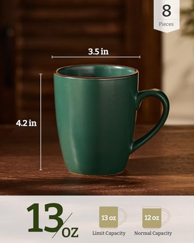 famiware Venus Coffee Mugs Set of 8, 13 oz Ceramic Stoneware Mug Cup Set | Coffee Mug with Handle for Tea, Latte, Cappuccino, Cocoa, Milk, Microwave and Dishwasher Safe, Dark Green - color: Dark Green, size: 8pcs