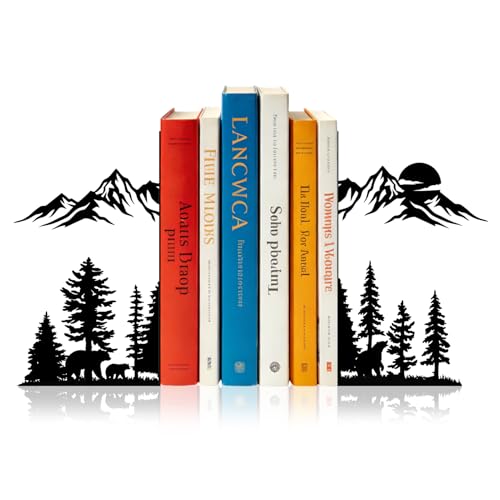 Sanwarm Bookends, 2 Pcs, Metal, Home Office Desk Shelves Mountain Woodland | Nature Decorative Book Ends Non-Skid Book Stoppers Holder 1 Pair Gifts for Reading Enthusiasts Library Decor - color: Mountain