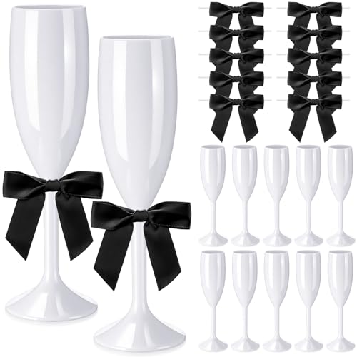 Zopeal Plastic Reusable Champagne Flute Glasses 6 oz and 50 Pcs Bow Set Acrylic Wedding Toasting Goblet 3.5" Bow Unbreakable Wine Cup for Bachelorette Bridal Shower Party(White and Black) - color: White/Black